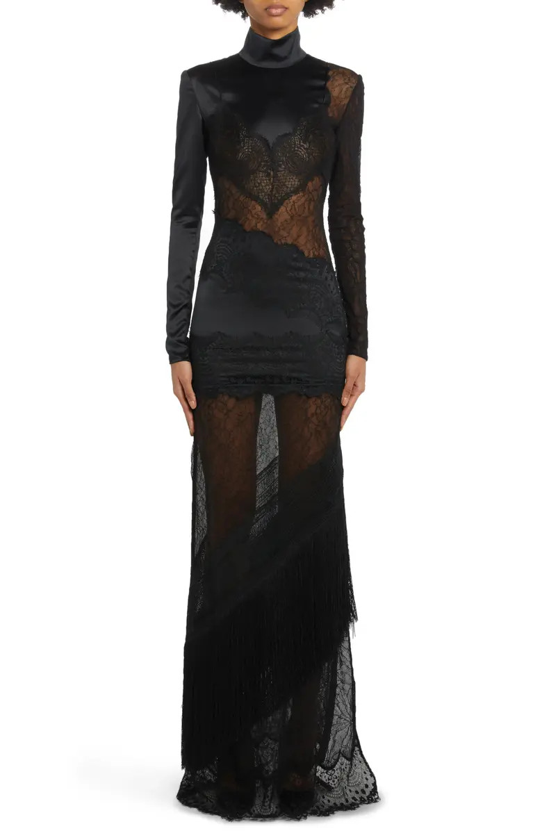 Long Sleeve Floral Lace & Stretch Satin Gown | Nordstrom