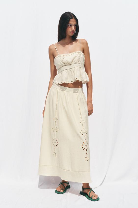 EMBROIDERED EYELET MIDI SKIRT | Zara US