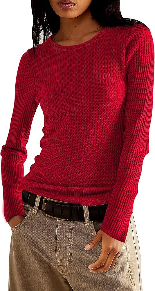 Jar of Love Long Sleeve Shirts for Women Waffle Knit Tops Crew Neck Thermal Shirts Fall Outfits F... | Amazon (US)