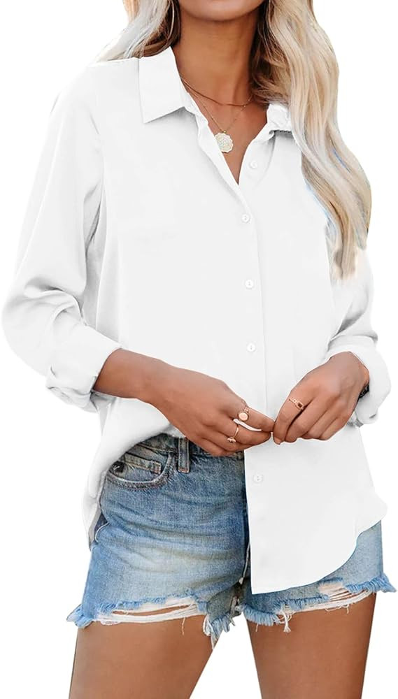 siliteelon Womens Button Down Shirts Solid Dress Shirts Long Sleeve Flowy Collared Work Office Bu... | Amazon (US)