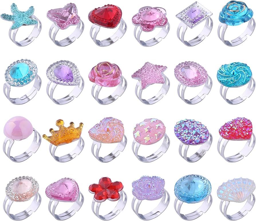 PASEMM 24pcs Little Girl Jewel Rings, Adjustable, No Duplication Kids Play Ring in Box,Pretend Pl... | Amazon (US)