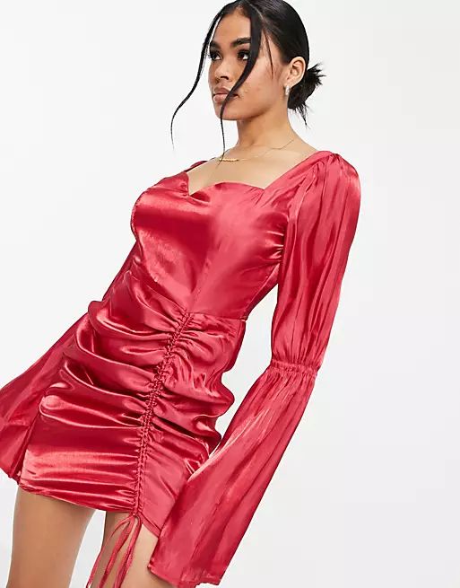 Missguided flute sleeve ruched satin mini dress in pink | ASOS (Global)
