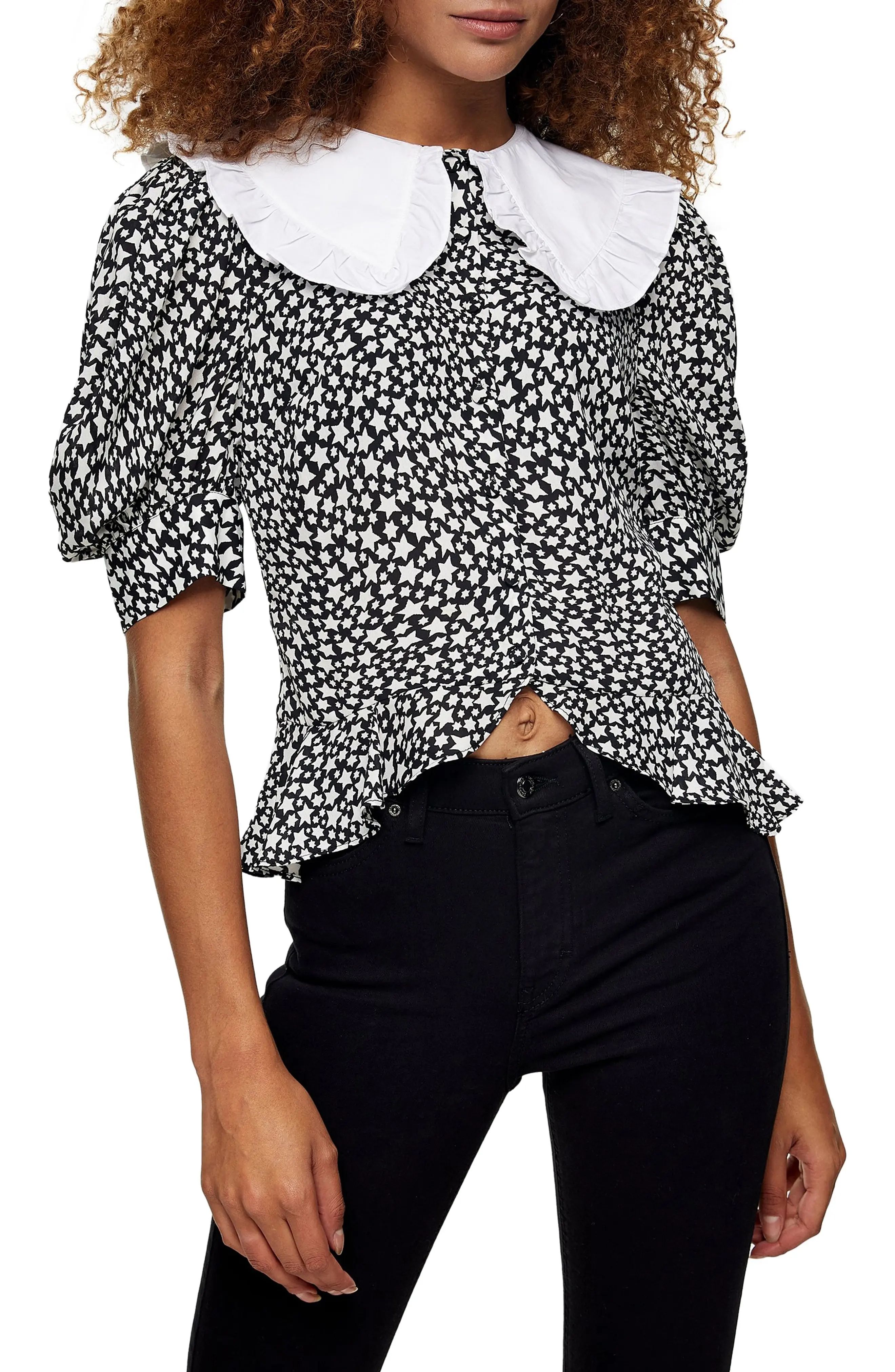 Women's Topshop Star Frill Peter Pan Collar Blouse, Size 4 US - Black | Nordstrom