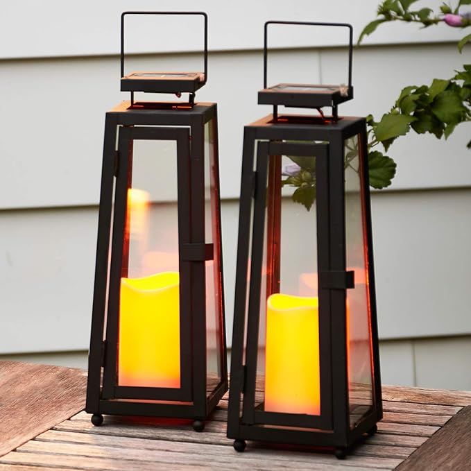 LampLust Outdoor Solar Lanterns with Flameless Candles - 11 Inch Tall, 2 Pack, Black Metal & Glas... | Amazon (US)