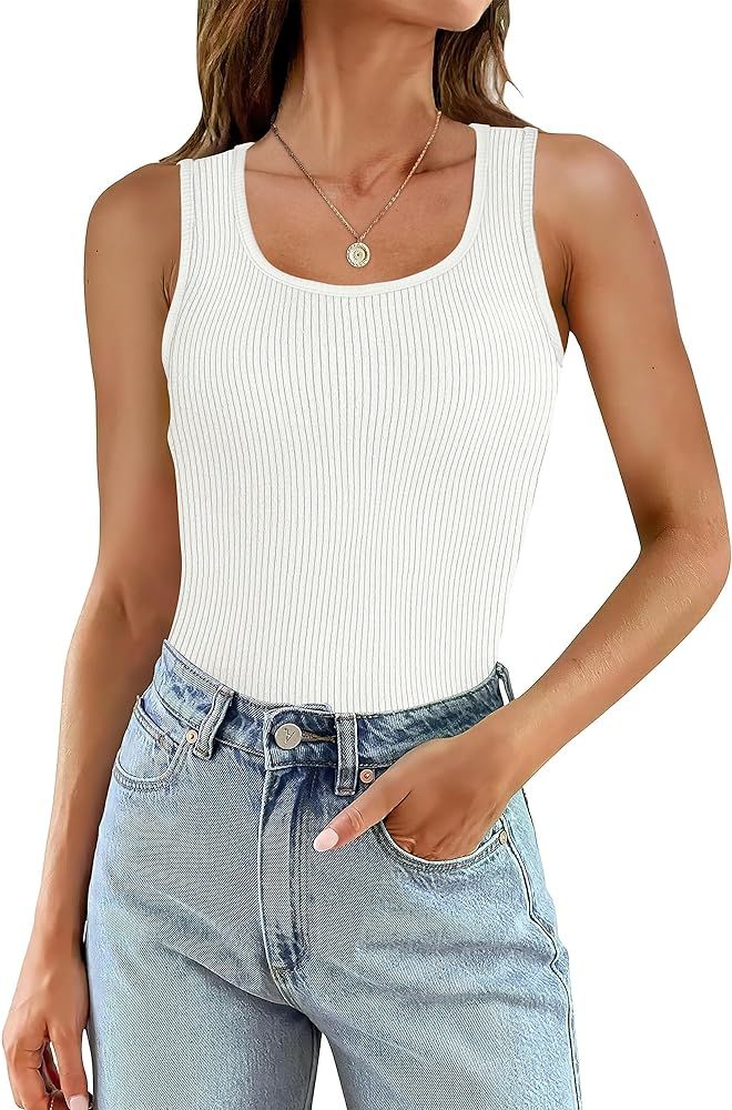 WIHOLL Womens Ribbed Tank Tops 2024 Summer Scoop Neck Slim Fitted Tops Casual Basic Knit Sleevele... | Amazon (US)