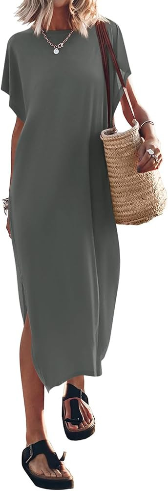 Yousify Women's Summer Maxi Dress T-Shirt Cap Sleeve Crewneck Casual Loose Slit Side Long Beach V... | Amazon (US)
