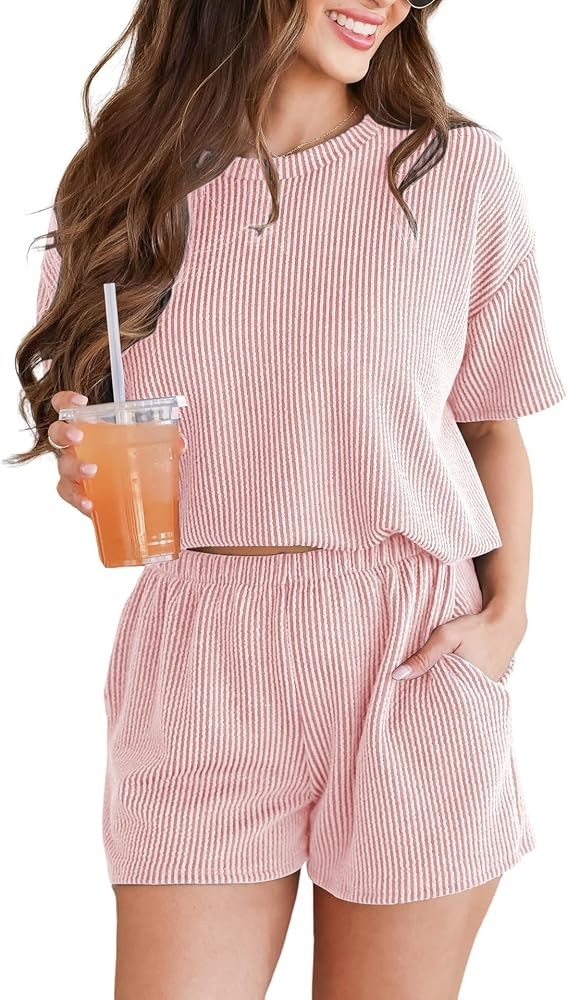 Spriolim Women's 2 Piece Outfits Summer Knit Short Sleeve Top and Shorts Set Soft Casual Lounge S... | Amazon (US)