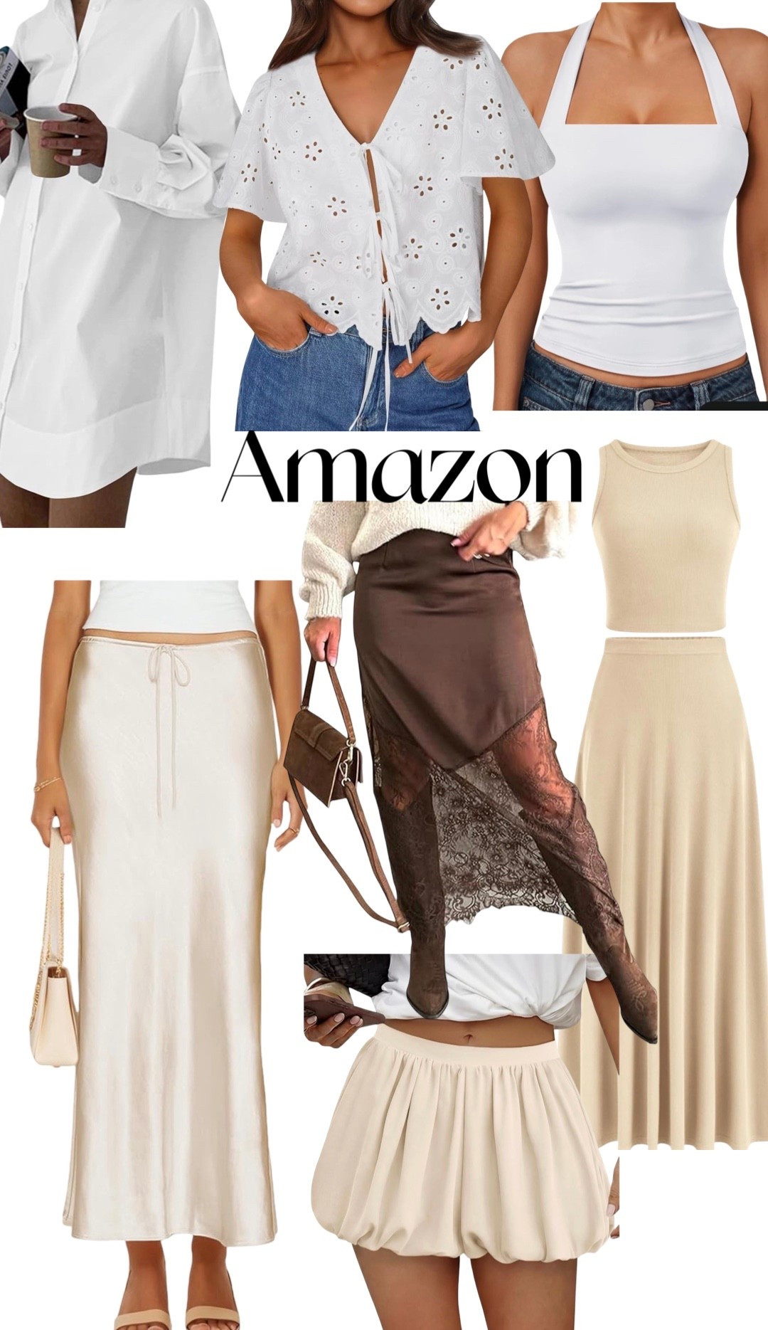 Mix and match this spring! 
Neutral Easter outfits ideas 
Bubble skirt
Lace midi skirt 
Satin maxi 
Resort wear set
White Oxford dress shirt 
Halter 

#LTKSeasonal #LTKFestival #LTKTravel