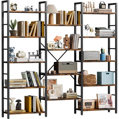 Triple 5 Tier Bookshelf Industrial Large Bookcase With 14 Open Display Shelves Large Etagere Bookshelf Wide Book Shelf Book Case Rustic Brown | Wayfair North America