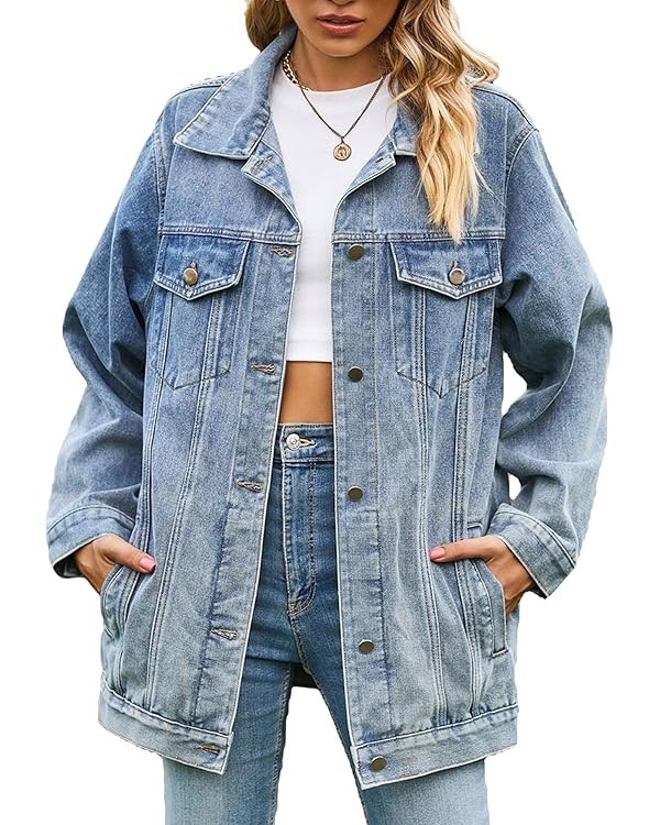 hathne Jean Jacket Women Oversized Casual Distressed Denim Jacket Button Down Long Sleeve Shirt C... | Amazon (US)