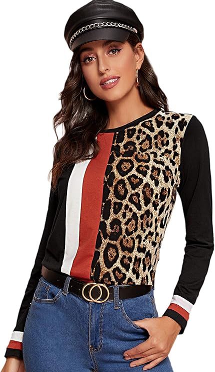 Floerns Women's Casual Leopard Printed Short Sleeve Color Block T Shirts Tops | Amazon (US)