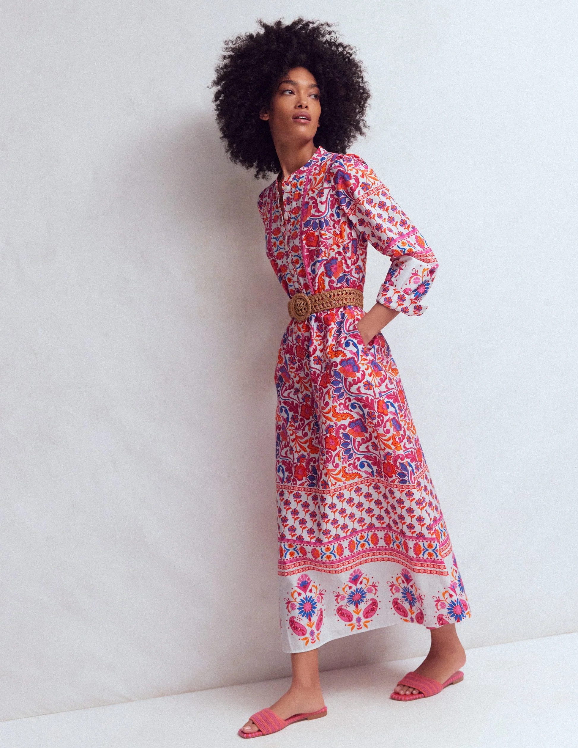 Ava Cotton Midi Dress-Pink Flourishing Meadow Border | Boden (US)