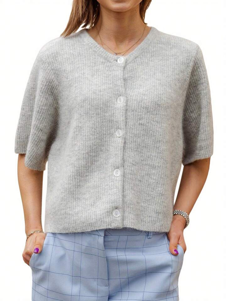 Women's Solid Color Cardigan Short Sleeve Round Neck Button Down Sweater Knit Tops | SHEIN