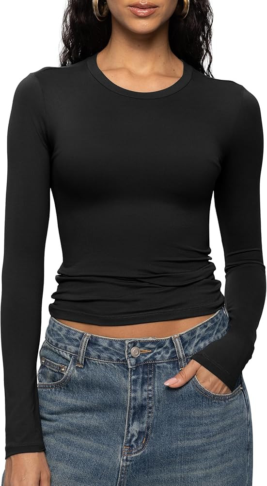 ENERFUL Women's Long Sleeve Shirts Crew Neck Slim Fitted Going Out Crop Casual Tops Basic Tees | Amazon (US)