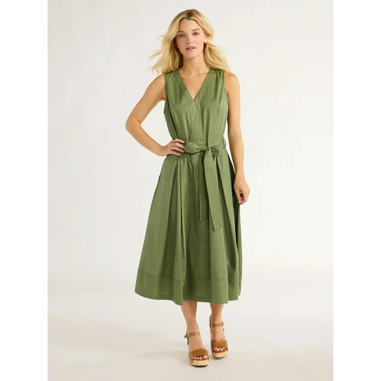 Free Assembly Women's Sleeveless V-Neck Belted Cotton Midi Dress, XS-XXL | Walmart (US)