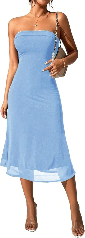 SOLY HUX Women's Strapless Midi Dress Tube Top Off Shoulder Sleeveless Fitted Cocktail Club Party... | Amazon (US)