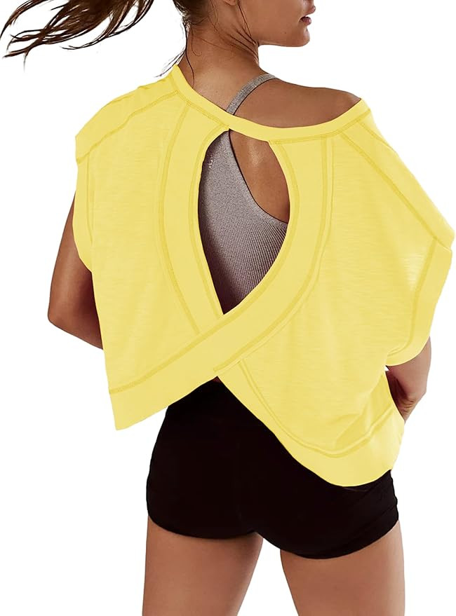 Kumufenc Women Short Sleeve Workout Shirts Open Back Tops Casual Yoga Y2k Athletic Gym Slouchy Cr... | Amazon (US)