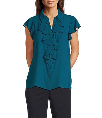 Calvin Klein Flutter Sleeve Collared Ruffle Button Front Blouse - S | Dillard's