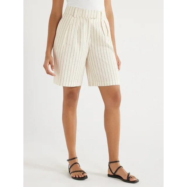 Scoop Women's Pleated Linen Blend Bermuda Shorts with Wide Leg, Inseam 9.75’’, Sizes 0-18 | Walmart (US)