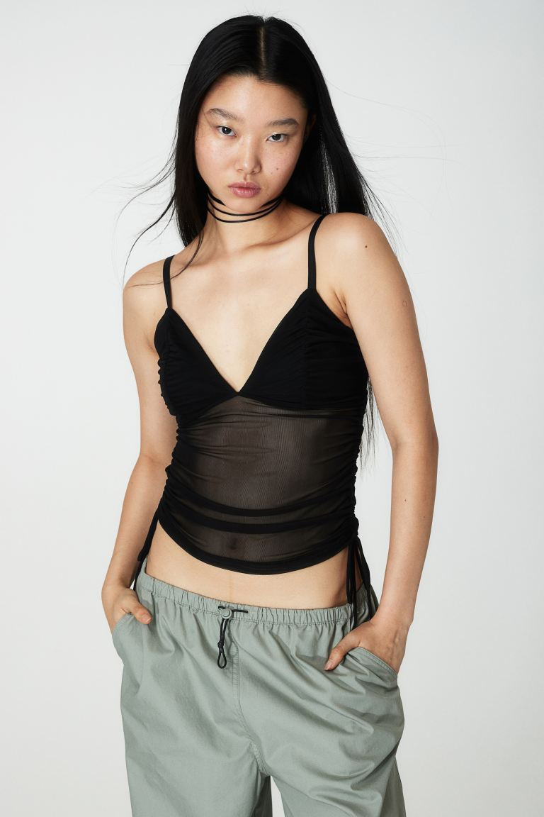 Drawstring-detail Mesh Top - Black - Ladies | H&M US | H&M (US + CA)