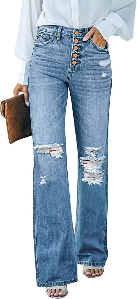 LookbookStore High Waisted Ripped Flare Jeans for Women Distressed Bell Bottom Jeans Wide Leg Pants | Amazon (US)
