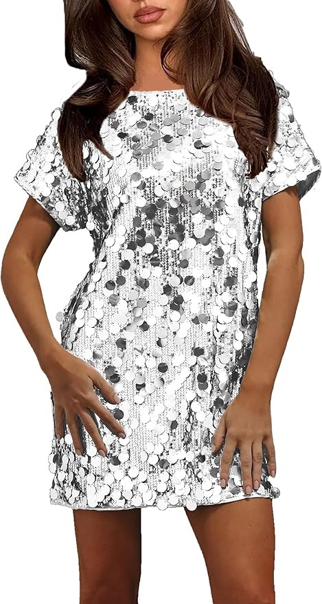 Women Short Sleeve Sequin Dress Glitter Mini Dress Disco Concert Party Sparkly Dress | Amazon (US)