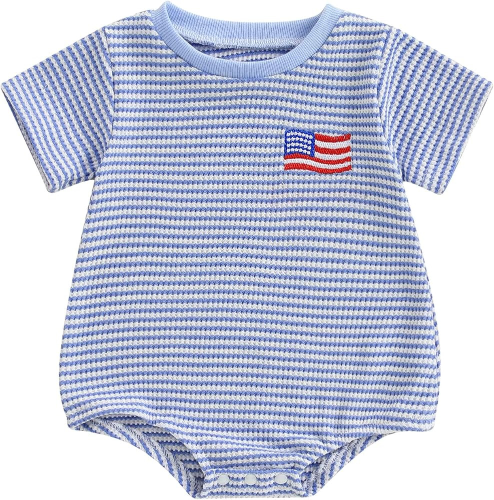 Newborn Baby Boy 4th Of July Outfit Flag Stripe Short Sleeve Waffle Bubble Romper Infant Bodysuit... | Amazon (US)