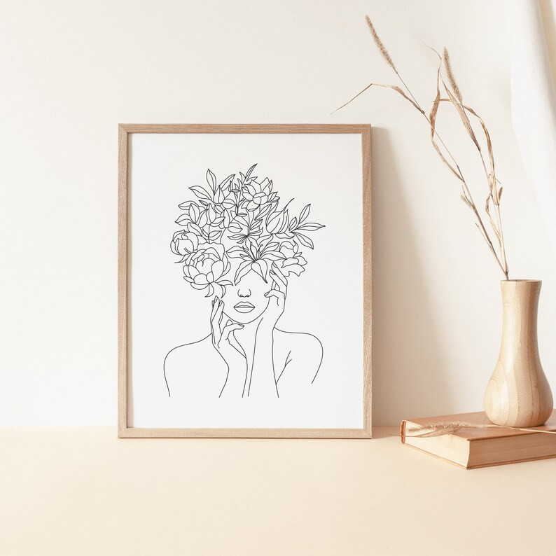 Head of Flowers Art Print Line Art Woman With Flowers Flower - Etsy | Etsy (US)