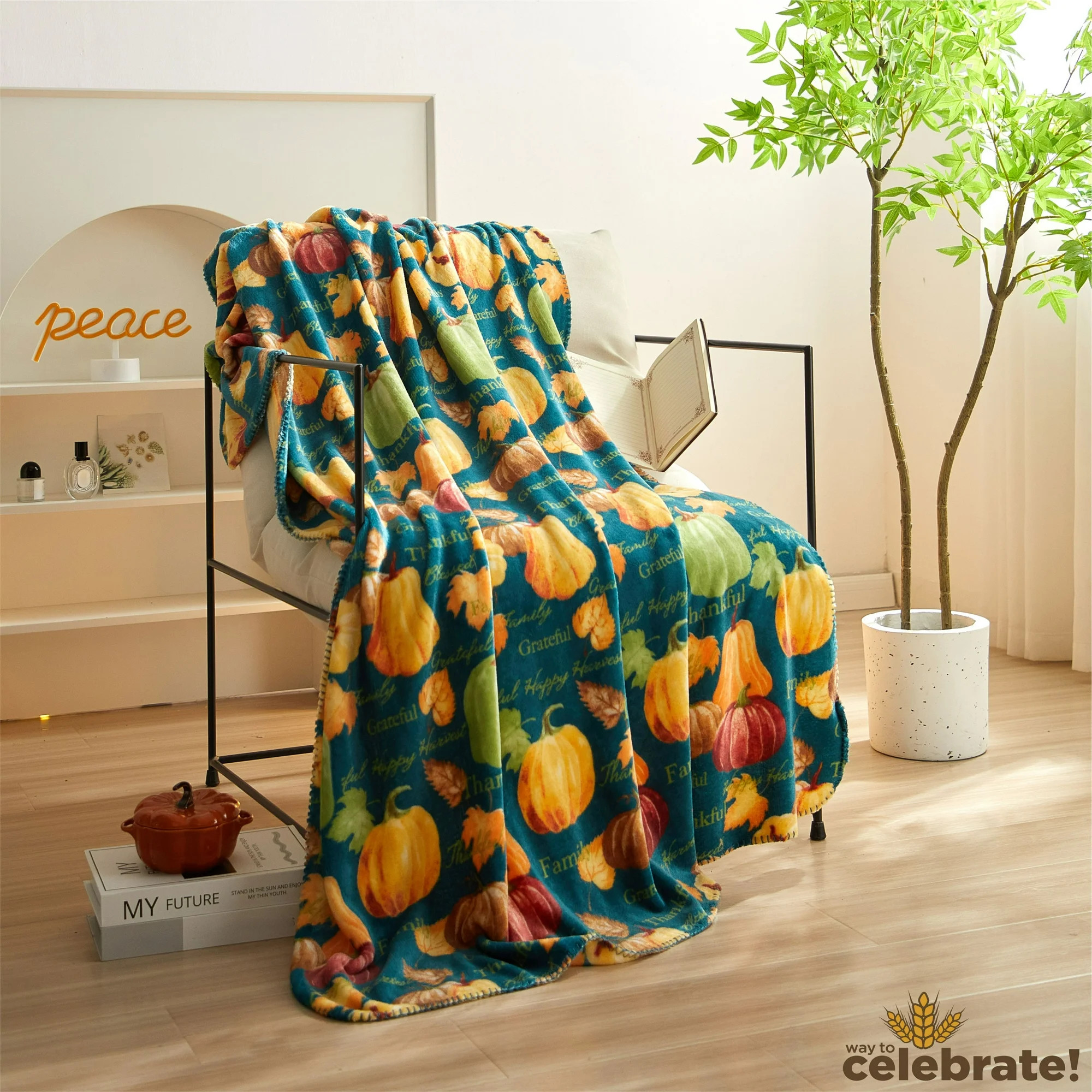 Way To Celebrate Harvest Pumpkin Gourds Plush Throw Blanket, 25% Recycled Polyester | Walmart (US)