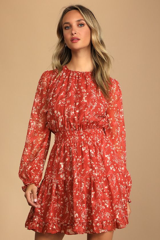 Too Cute Rust Red Floral Print Smocked Long Sleeve Mini Dress | Lulus (US)