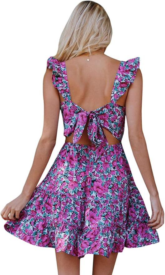 Romwe Women's Cute Tie Back Ruffle Strap A Line Fit and Flare Flowy Short Dress | Amazon (US)