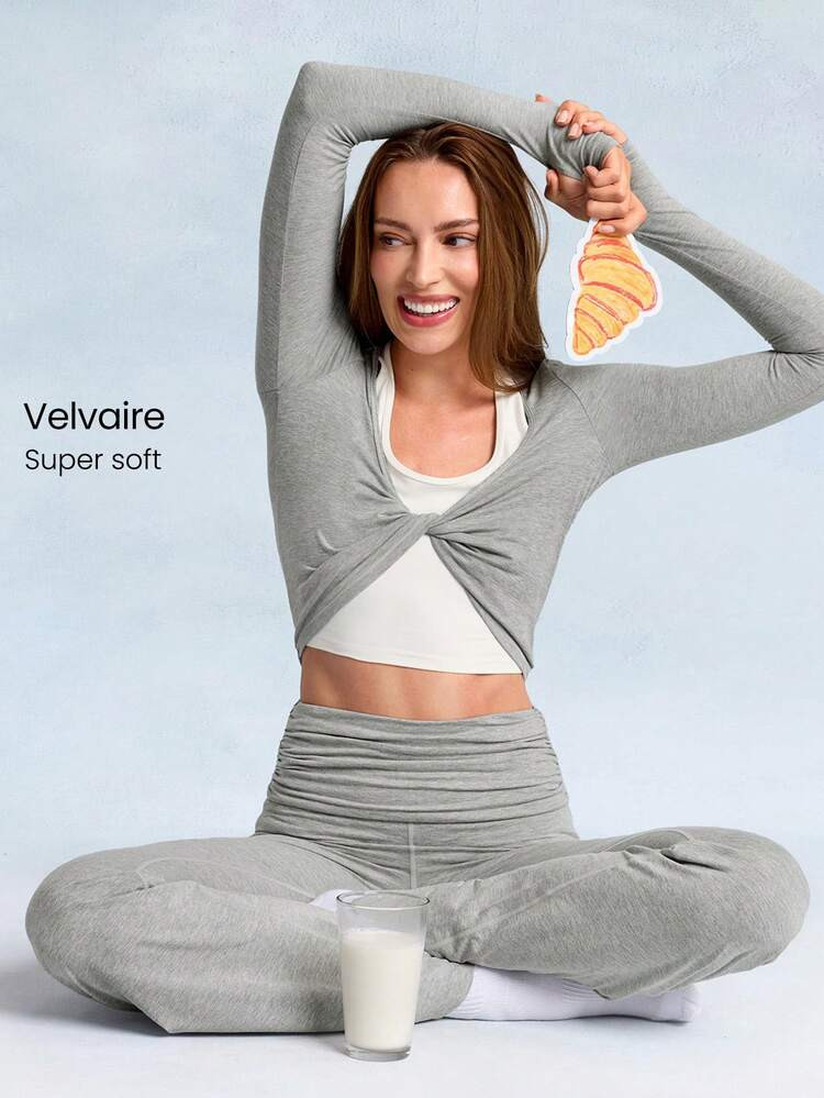 GLOWMODE Softy Velvaire Weekend Flow Super Soft Stretchy 2-Piece Twisted Front Waist Length Layered Thumbholes Yoga Top Studio Daily Casual Wear | SHEIN