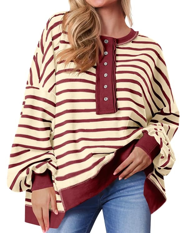 Tankaneo Womens Oversized Striped Sweatshirts Henley Shirts Color Block Casual Pullover Waffle Kn... | Amazon (US)