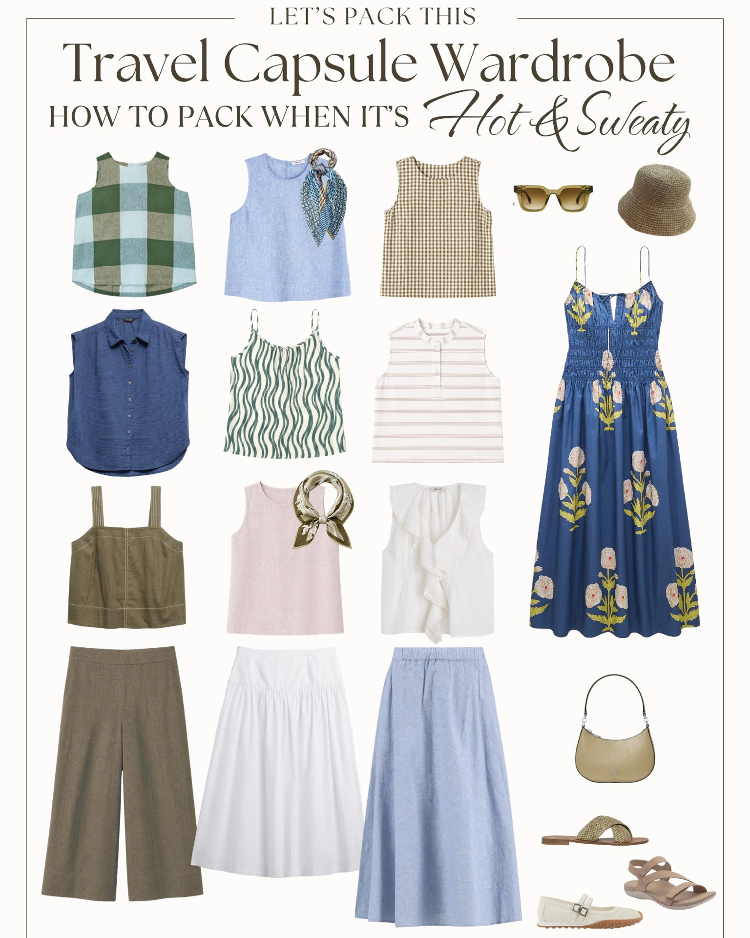 Hot, humid destinations are some of the easiest places to overpack.

When temperatures climb, it’s tempting to pack extra “just in case” outfits, backup shoes, and far more clothing than you’ll actually wear.

Instead, I focus on a few simple principles:

• Pack a fresh top for each day
• Repeat bottoms
• Choose lightweight, breathable fabrics
• Bring shoes designed for walking in the heat
• Change into a fresh top for evenings
• Don’t overlook the importance of undergarments

Bottoms can often be worn multiple times before laundering.  Plan on rewearing each bottom 2-3 times.

Tops sit closest to the body and tend to need more frequent washing.Bottoms can often be worn multiple times before laundering.

Don’t pack separate dinner tops.

Wear each top first in the evening, then save the rewear for daytime later in the trip.

That’s why I typically pack more tops than bottoms when traveling in hot weather.

The result is a travel wardrobe that stays comfortable, feels polished, and still fits in a carry-on.

#LTKOver40 #LTKTravel