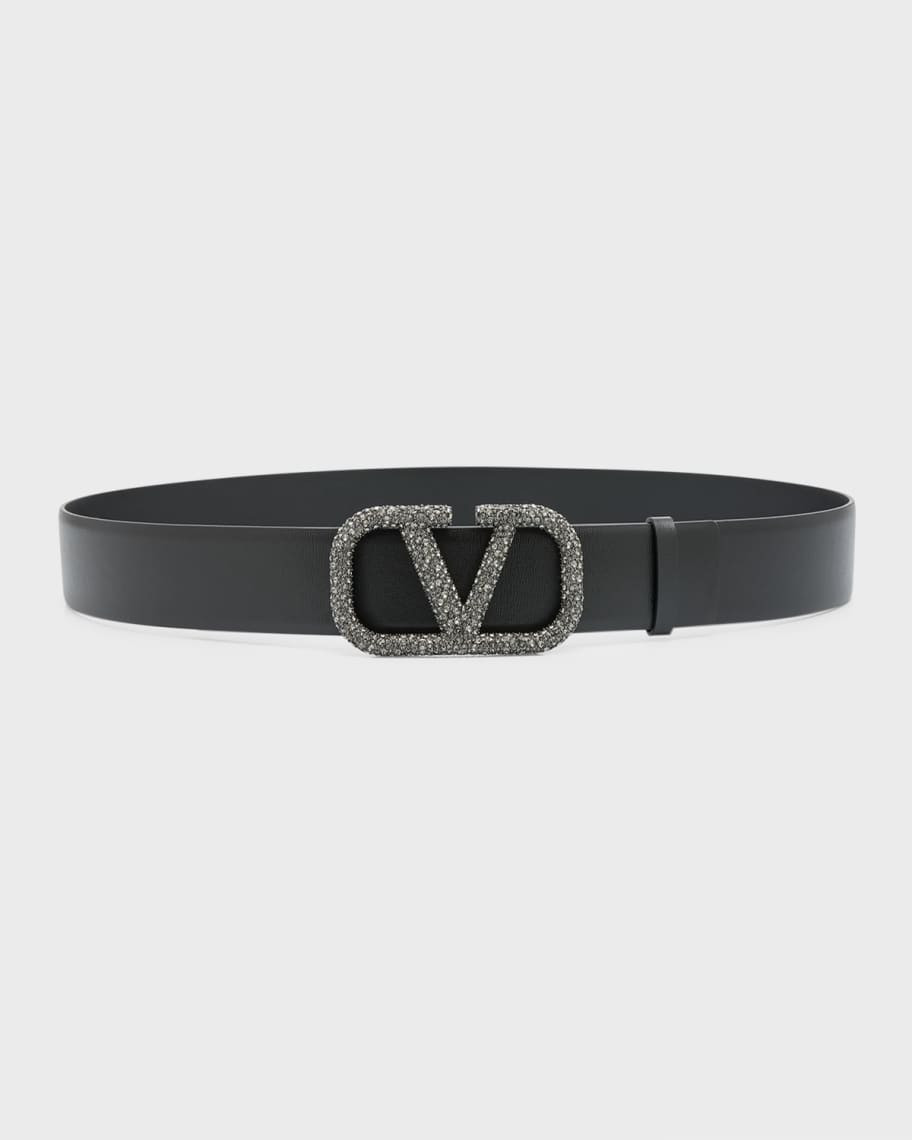 Valentino Garavani Embellished V-Logo Leather Belt | Neiman Marcus
