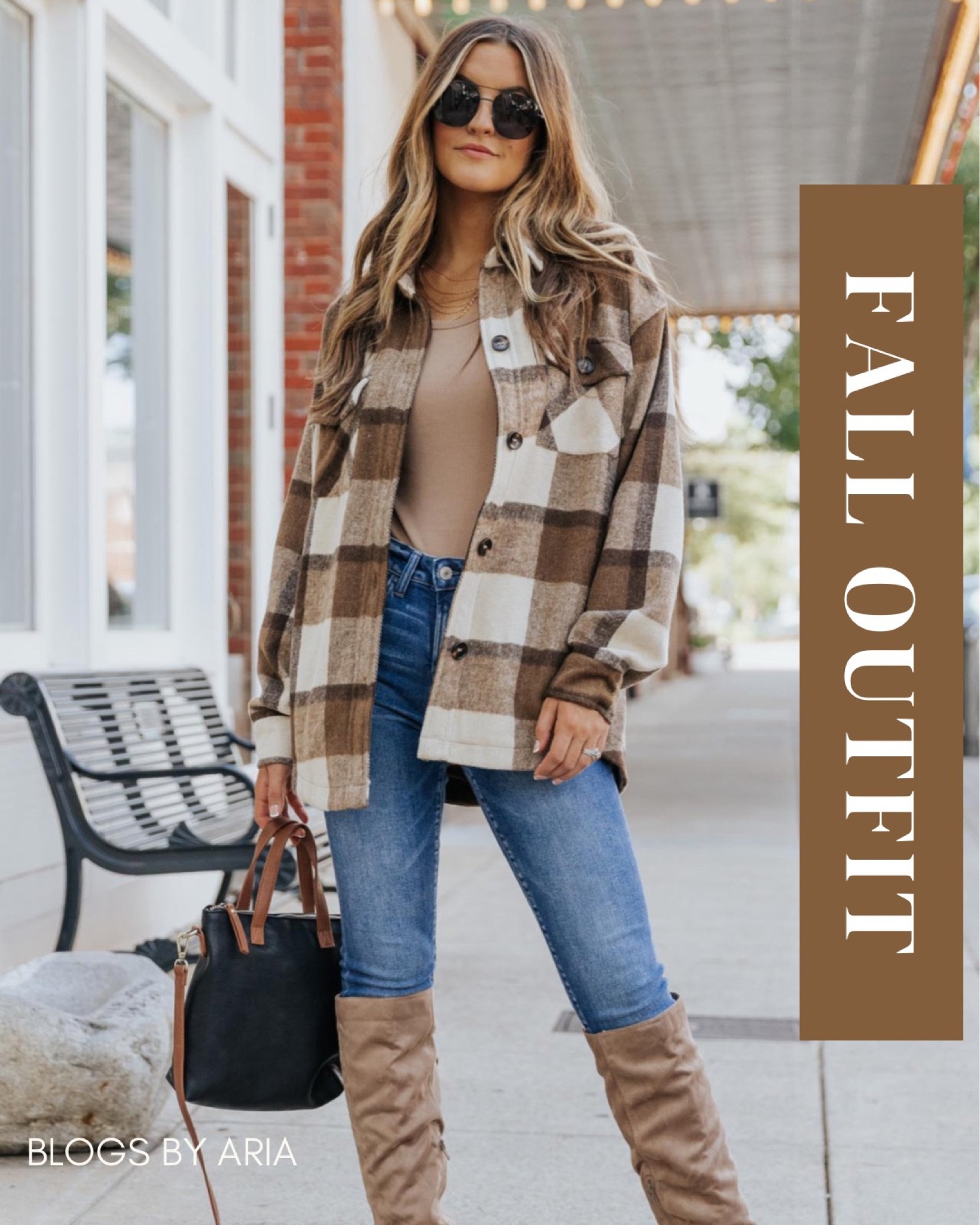 Casual fall outfit with a brown plaid shacket and high waisted jeans is an easy go to for Fall. 
