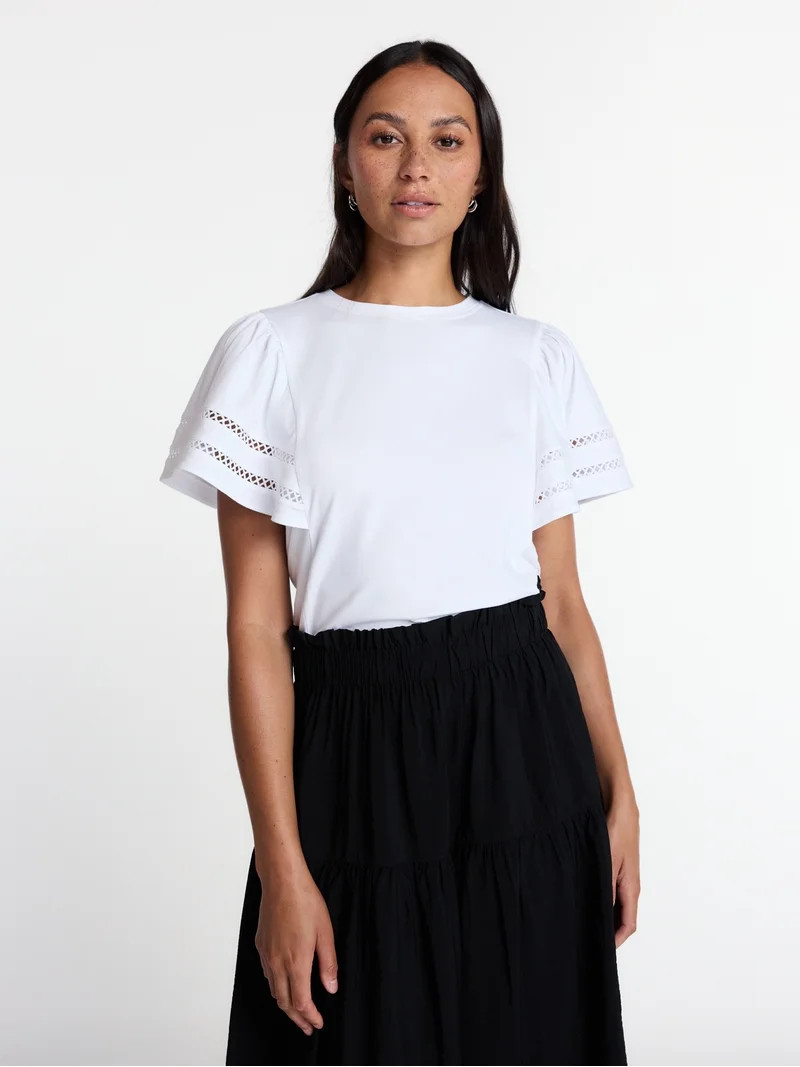 Time and Tru Women’s Crewneck Top with Lace Inset Flounce Sleeves, Sizes XS-XXXL | Walmart (US)