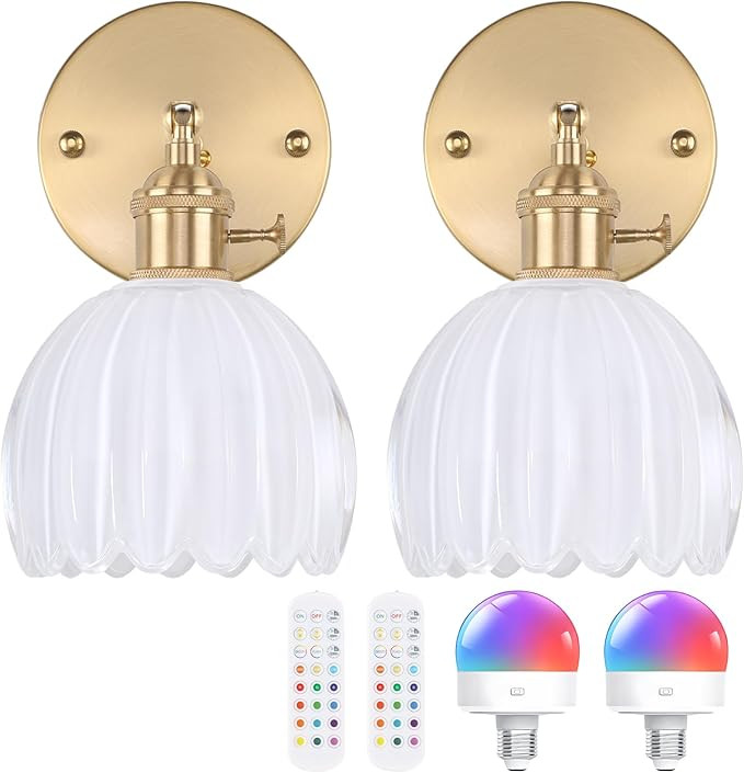 Vintage Battery Operated Wall Sconce with Cute White Tulip Glass Lampshade Wireless Rechargeable ... | Amazon (US)