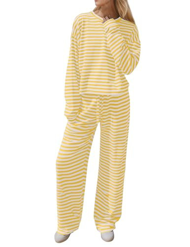 Women's Striped Lounge Set 2 Piece Oversized Pajamas Wide Leg Pants | Amazon (US)