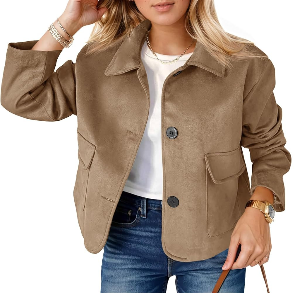 Tankaneo Womens Faux Suede Leather Jackets Casual Cropped Coats Vintage Button Down Shackets | Amazon (US)