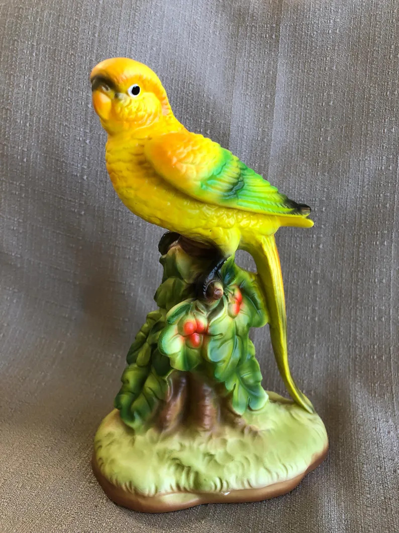 Midcentury NORCREST Parrot Figurine, MINT Condition, Vintage Ceramic Yellow Bird on Tree Stump, P... | Etsy (US)