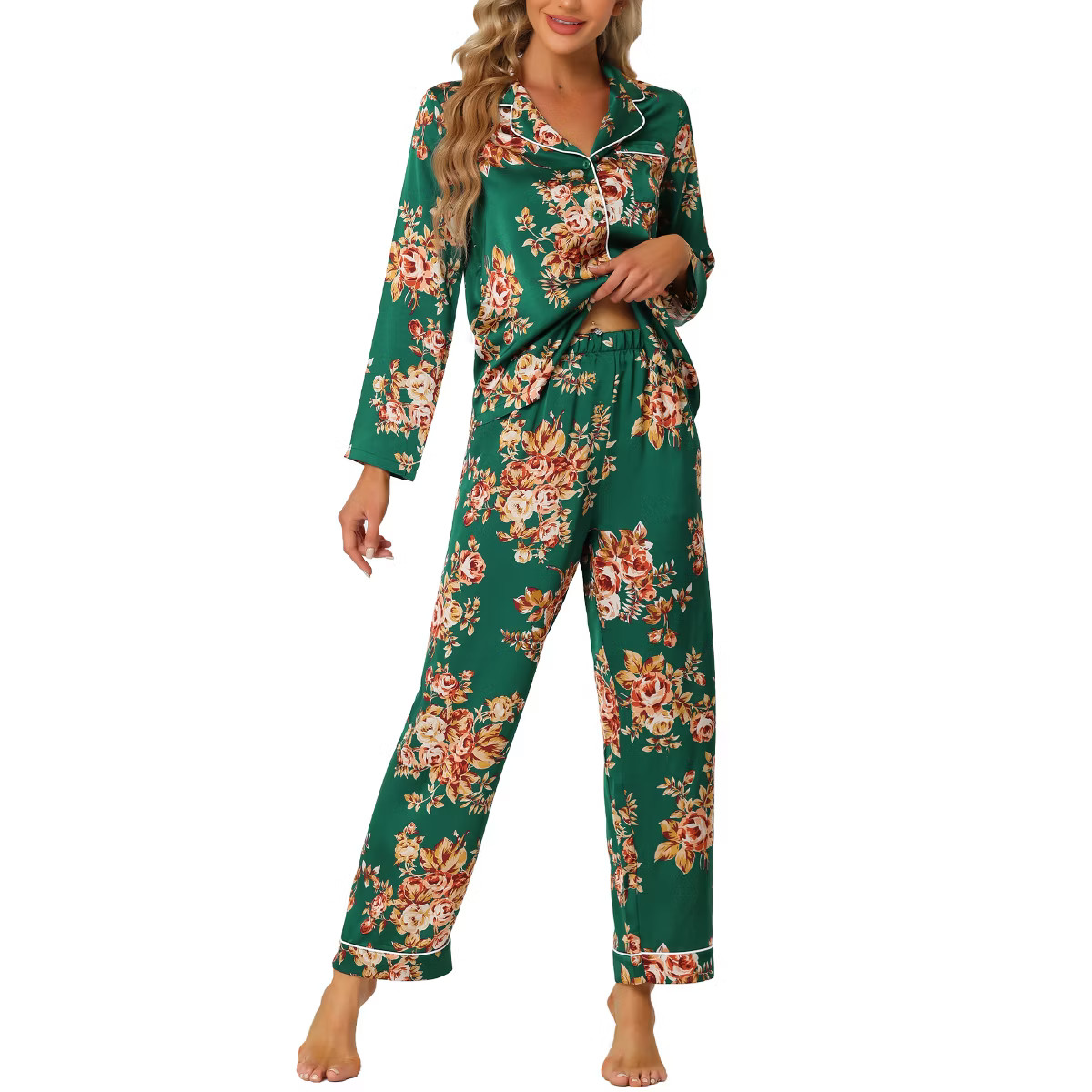 cheibear Women's Satin Floral Button Down Long Sleeve Lounge Set 2 Pcs | Target