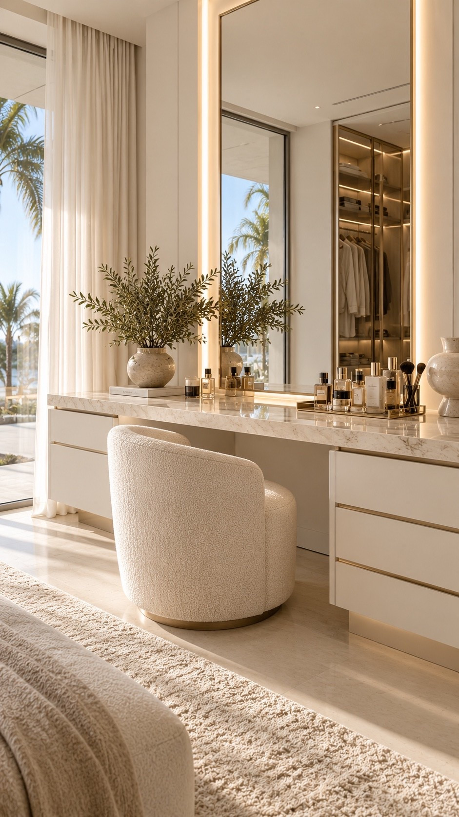 Shop This Look ✨ Shop the vanity setup through my LTK — vanity desk, boucle chair, mirror, lighting and similar décor are linked below. This elegant makeup vanity combines creamy neutrals, warm lighting, clean modern lines and soft textures for a polished luxury bedroom aesthetic. Save for makeup vanity, dressing table and modern bedroom inspiration.

#MakeupVanity #VanityIdeas #VanityRoom #VanityDecor #DressingTable #MakeupRoom #BedroomVanity #LuxuryBedroom #BedroomIdeas #BedroomDecor #ModernBedroom #NeutralBedroom #OrganicModern #WarmMinimalism #QuietLuxury #LuxuryInteriors #ModernLuxury #InteriorDesign #InteriorInspo #HomeInspo #HomeDecor #NeutralInteriors #DreamHome #LTKHome #LTKFinds #ShopLTK #LTKStyleTip