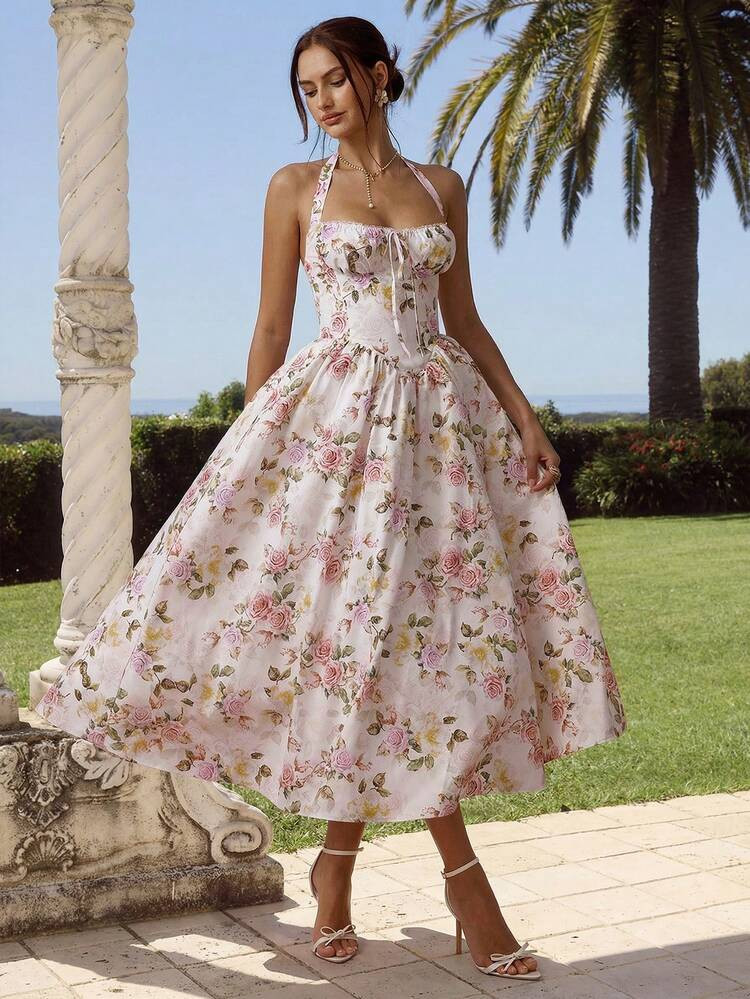 Enchnt Spring/Summer Romantic Women's White ROSE Print Halter Neck Sweetheart Collar Backless Princess Long Dress,Sweet&Elegant&Modest Sundress For Birthday&Holiday Party&Sweet Date&Vacation&Graduation Season,Summer Outfits For Women,Wedding Guest Dress Women,Easter Outfit Women,Summer Dresses For Women | SHEIN