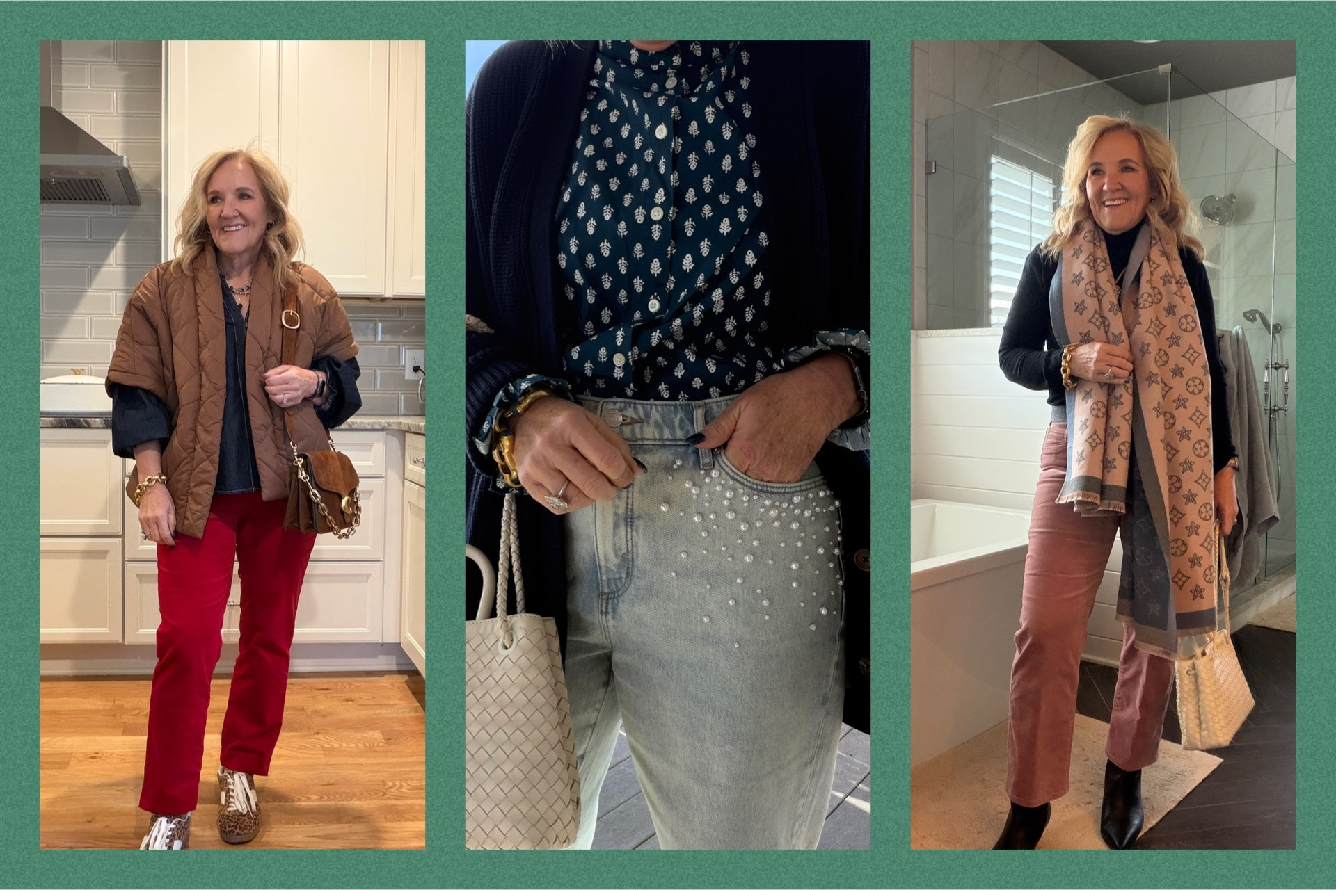 How to wear your holiday pieces in January? Add neutrals! 
Red velvet pants 8 petite 
Anthro denim shirt size medium 
Loft jeans 8 petite 
JCREW blouse medium 
Quince cotton cardigan medium 
Chicos pink velvet jeans size 1.0
Turtleneck medium 
Amazon scarf 

#LTKootd #LTKOver40 #LTKFindsUnder100