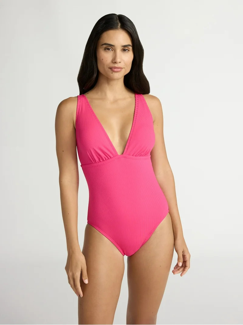 Time and Tru Women\u2019s and Women\u2019s Plus Ribbed Plunge One Piece Swimsuit, Sizes XS-2X | Walmart (US)