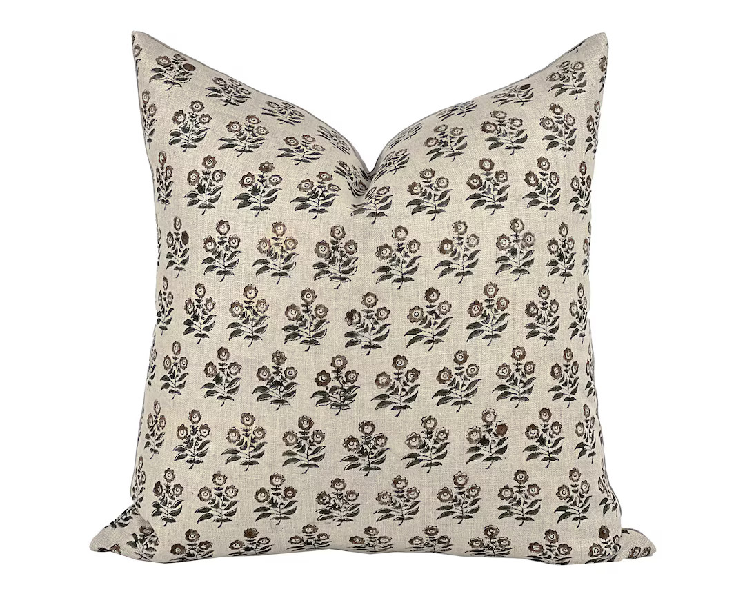 FAE Designer Brown Floral Linen Pillow Cover, Block Print Pillow, Small Floral Print Pillow, Mute... | Etsy (US)