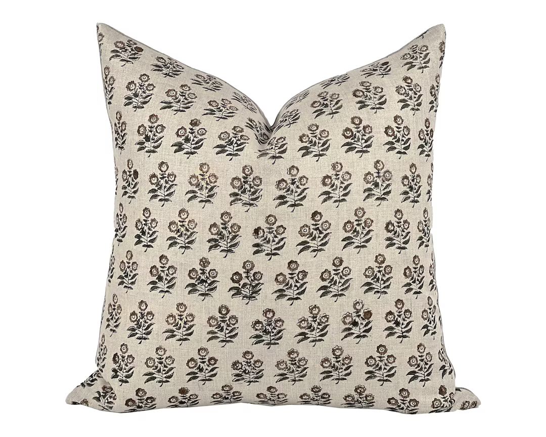 FAE Designer Brown Floral Linen Pillow Cover Block Print - Etsy | Etsy (US)