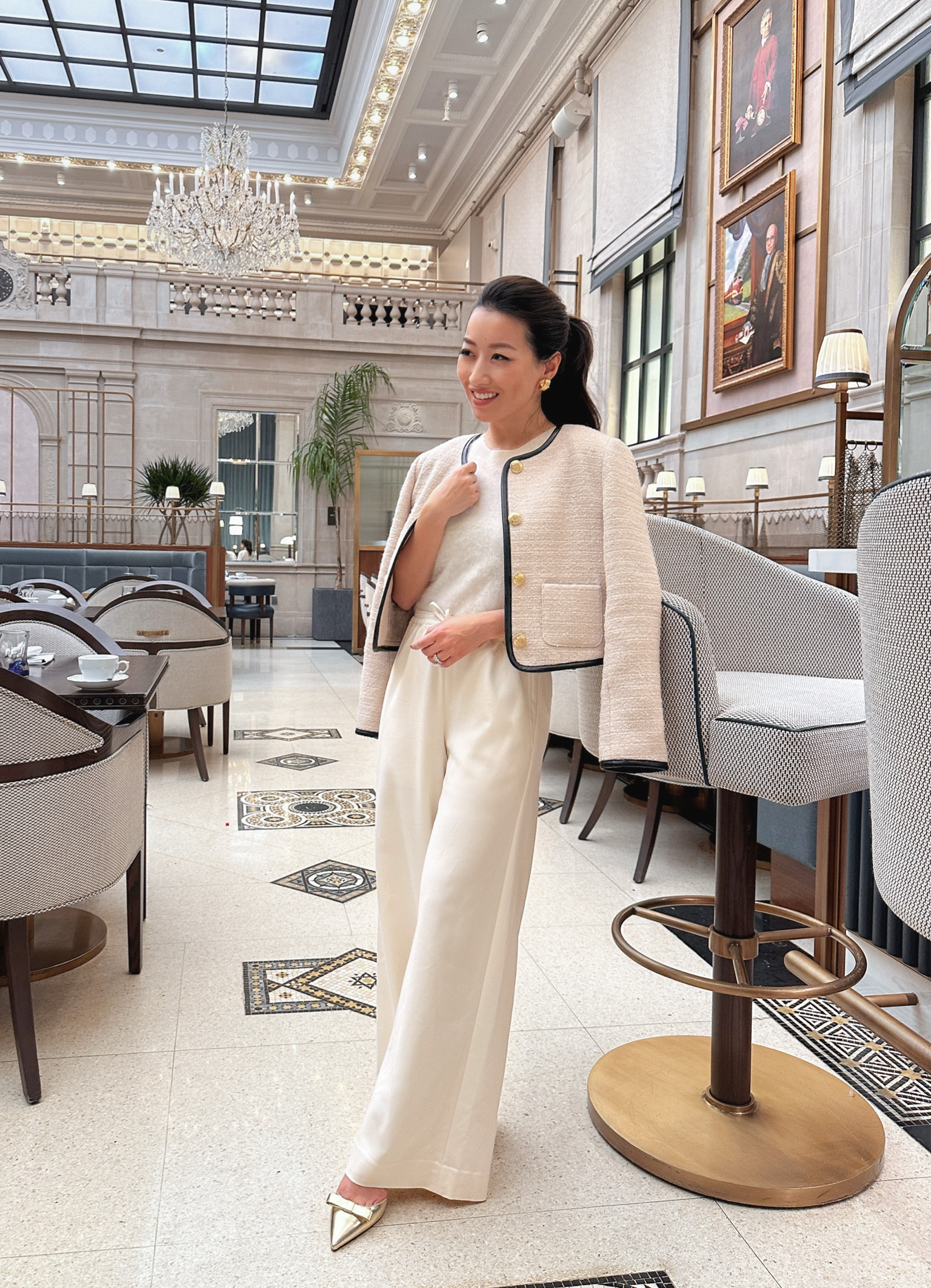 Light neutral color palette in anticipation of spring

• Tweed lady jacket with leather trim 00 petite, roomy fit on me, torso length and sleeve length are both good. High quality with lining and pretty blue trim inside 

•Wide Stratus pant in city twill size 00 petite. Nice weightier drape twill material made of lenzing ecovero viscose, just note the lighter color pockets show through a little.

Leg is regular wide to me, not super wide 

•Shrunken fit fluffy cashmere sweater vest xxs. Great luxe staple 

•Criss Cross stud earrings , lightweight and vintage inspired 

• Collette bow pumps 5H

@jcrew #injcrew #ad

Brunch outfit, spring fashion, elegant cream look, work wear style 

#LTKWorkwear #LTKSeasonal #LTKPetite