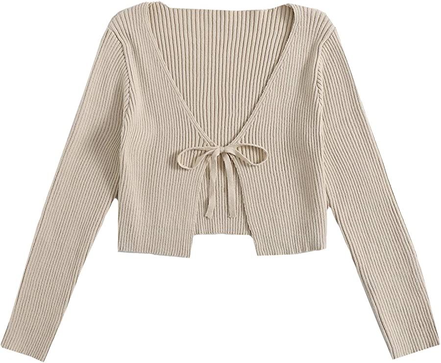 Floerns Women's Tie Front Long Sleeve Crop Top Rib Knit Coat Cardigan | Amazon (US)